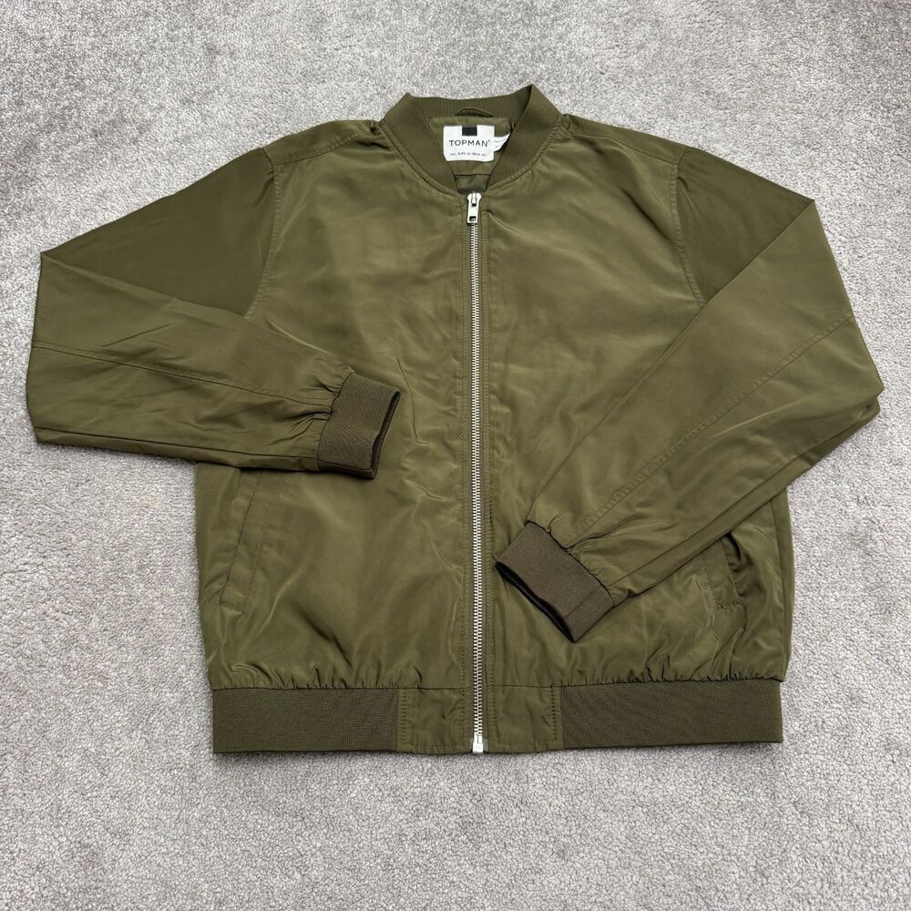 Topman Full Zip Lightweight Utility Bomber Jacket Mens L Olive Green Cuffs Hem
